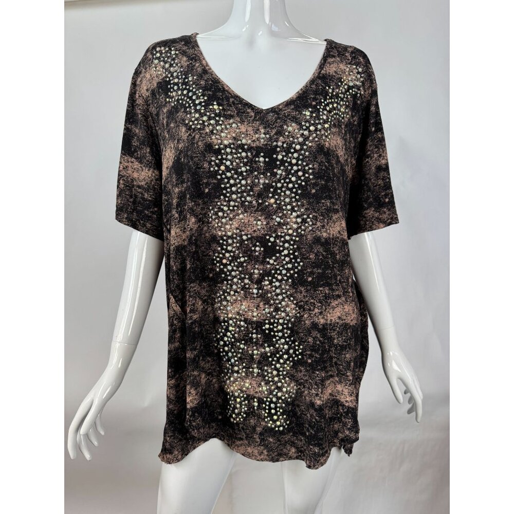 Voice of California Voice Made in USA  Black & Brown Printed V-Neck Top 3XL W/ R